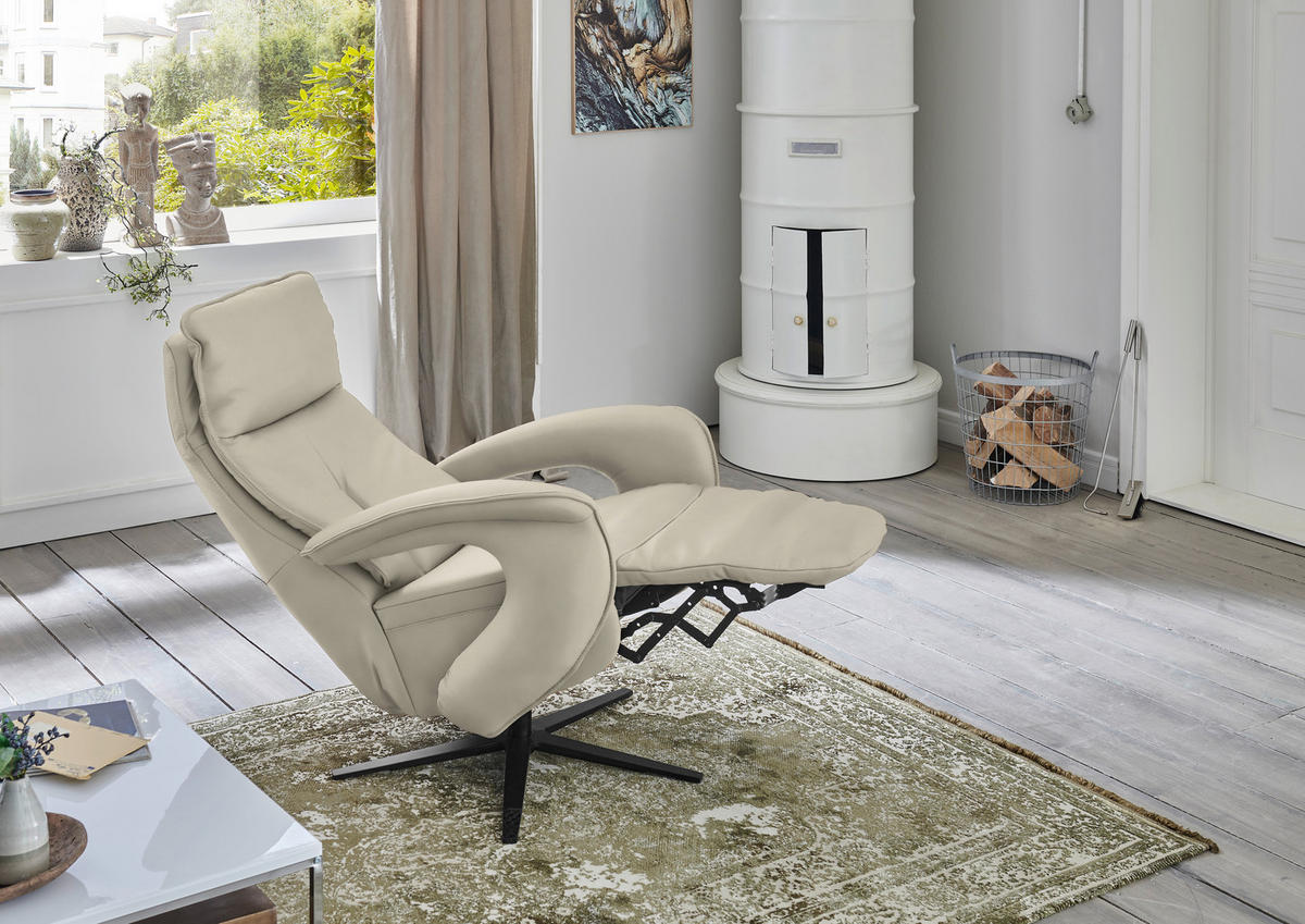 RELAXSESSEL in Leder Ecru  - Ecru/Schwarz, Design, Leder/Metall (77/110/87cm) - Valdera
