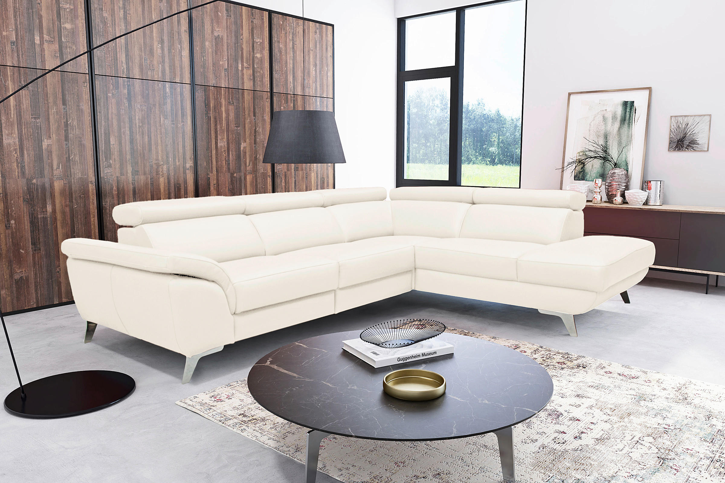 ECKSOFA  in Echtleder Creme  228/283 cm  - Silberfarben/Creme, Design, Leder/Metall (228/283cm) - Livetastic