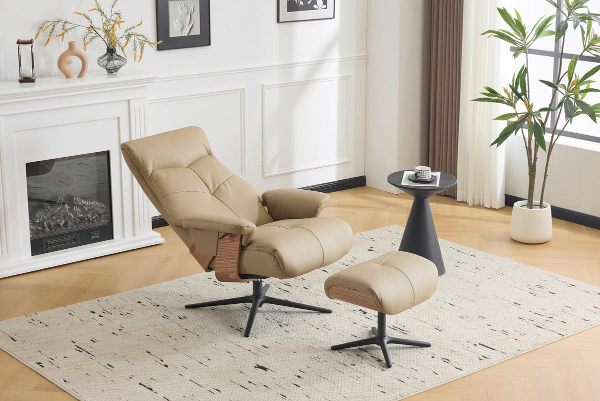 RELAXSESSELSET in Holz, Textil, Leder Taupe  - Taupe/Schwarz, Design, Leder/Holz (78/111/81cm) - Livetastic
