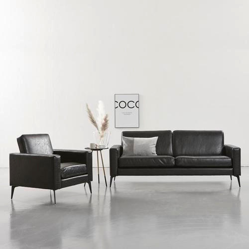SOFA Lederlook Schwarz  - Schwarz, Design, Textil/Metall (193/79/79cm) - Livetastic