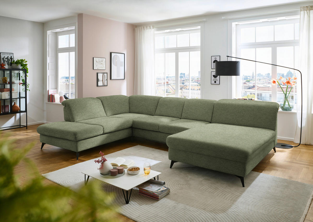 WOHNLANDSCHAFT Chenille Olivgrün  - Schwarz/Olivgrün, Design, Textil/Metall (255/369/198cm) - Beldomo Style