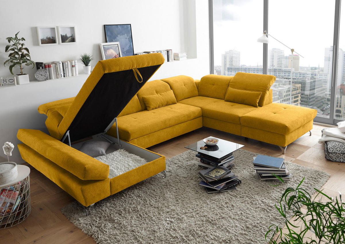 WOHNLANDSCHAFT Gelb Mikrovelours  - Gelb/Silberfarben, MODERN, Textil/Metall (168/350/245cm) - MID.YOU