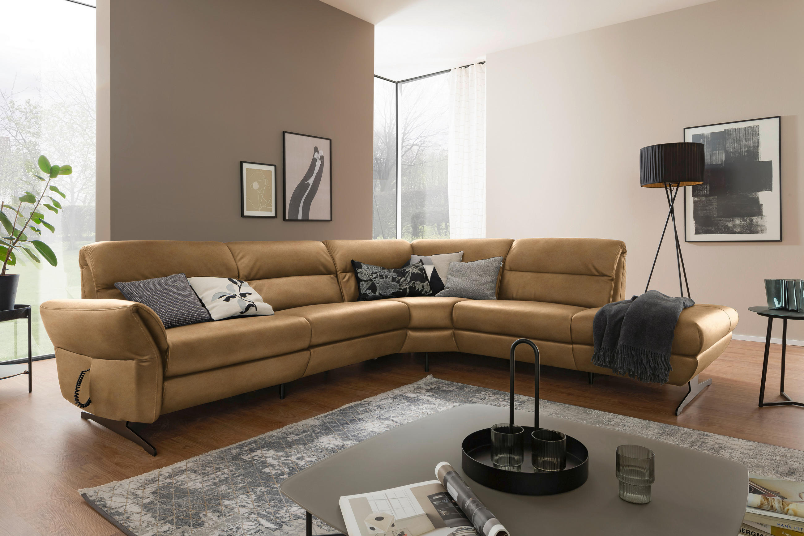 ECKSOFA Honig Echtleder  - Schwarz/Honig, Design, Leder/Metall (286/258cm) - Schöner Wohnen