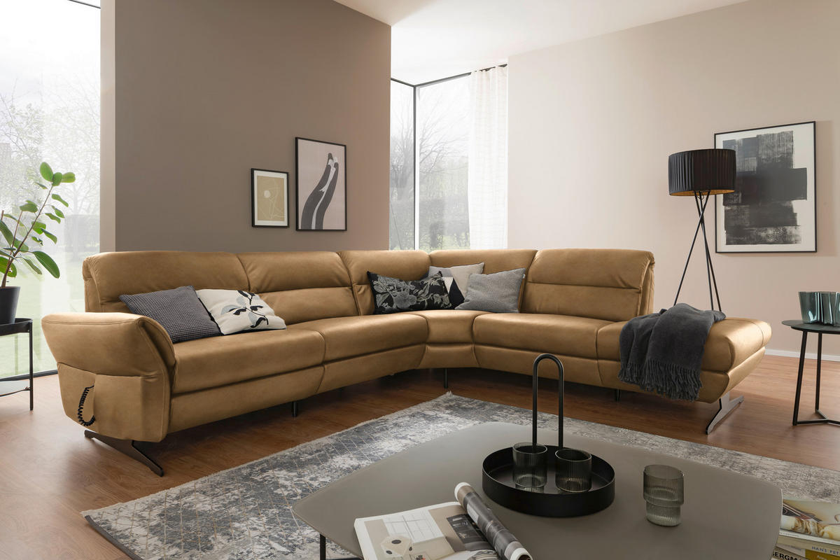 ECKSOFA Honig Echtleder  - Schwarz/Honig, Design, Leder/Metall (286/258cm) - Schöner Wohnen