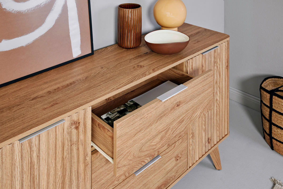SIDEBOARD Wave  in 150/80/40 cm  - Eichefarben/Alufarben, LIFESTYLE, Holzwerkstoff/Metall (150/80/40cm)
