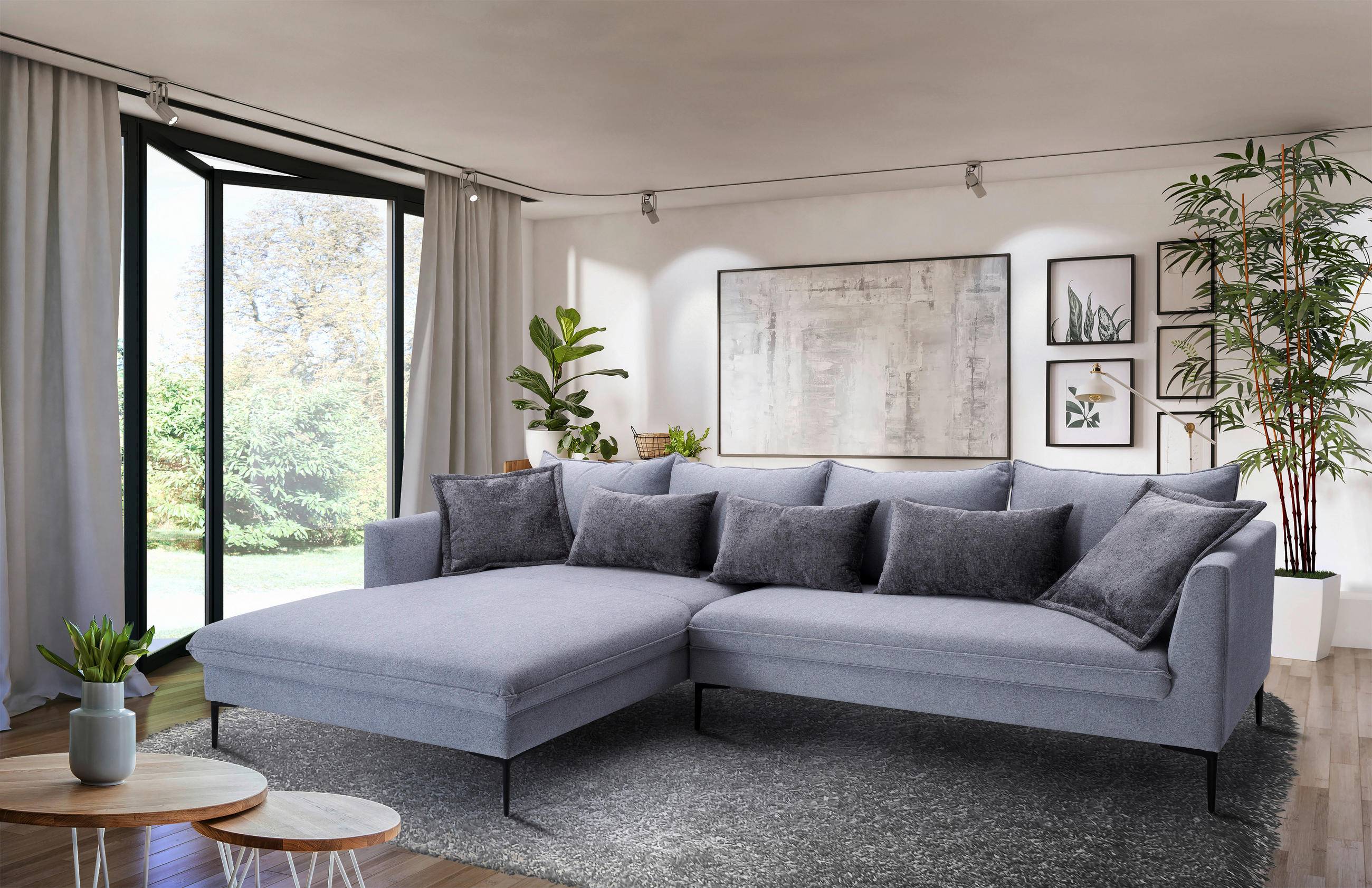 ECKSOFA in Flachgewebe Grau  - Dunkelgrau/Schwarz, Design, Textil/Metall (187/321cm) - Livetastic