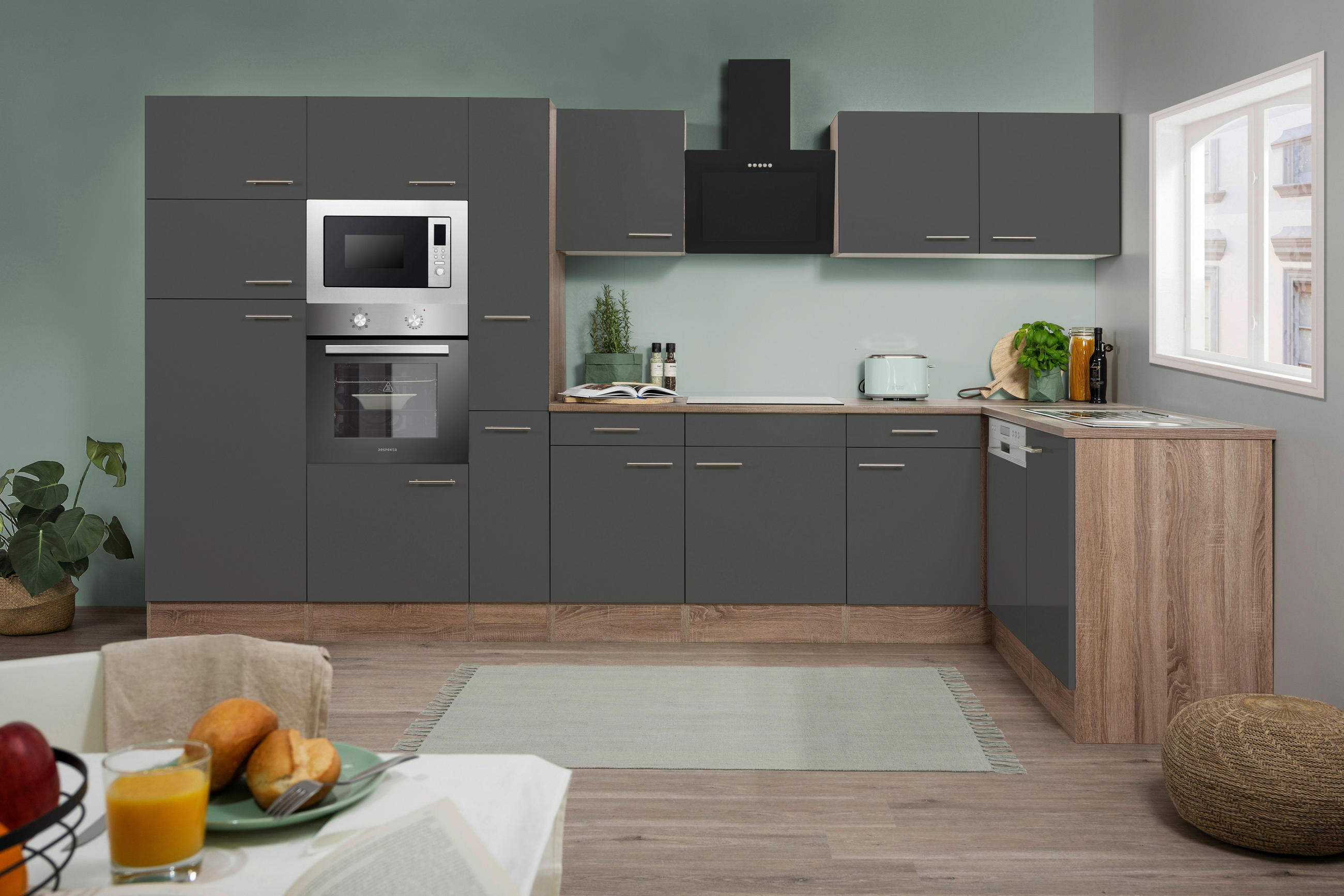 ECKKÜCHE 370/172 cm  in Grau  - Eichefarben/Grau, Basics, Holzwerkstoff/Metall (370/172cm) - Respekta