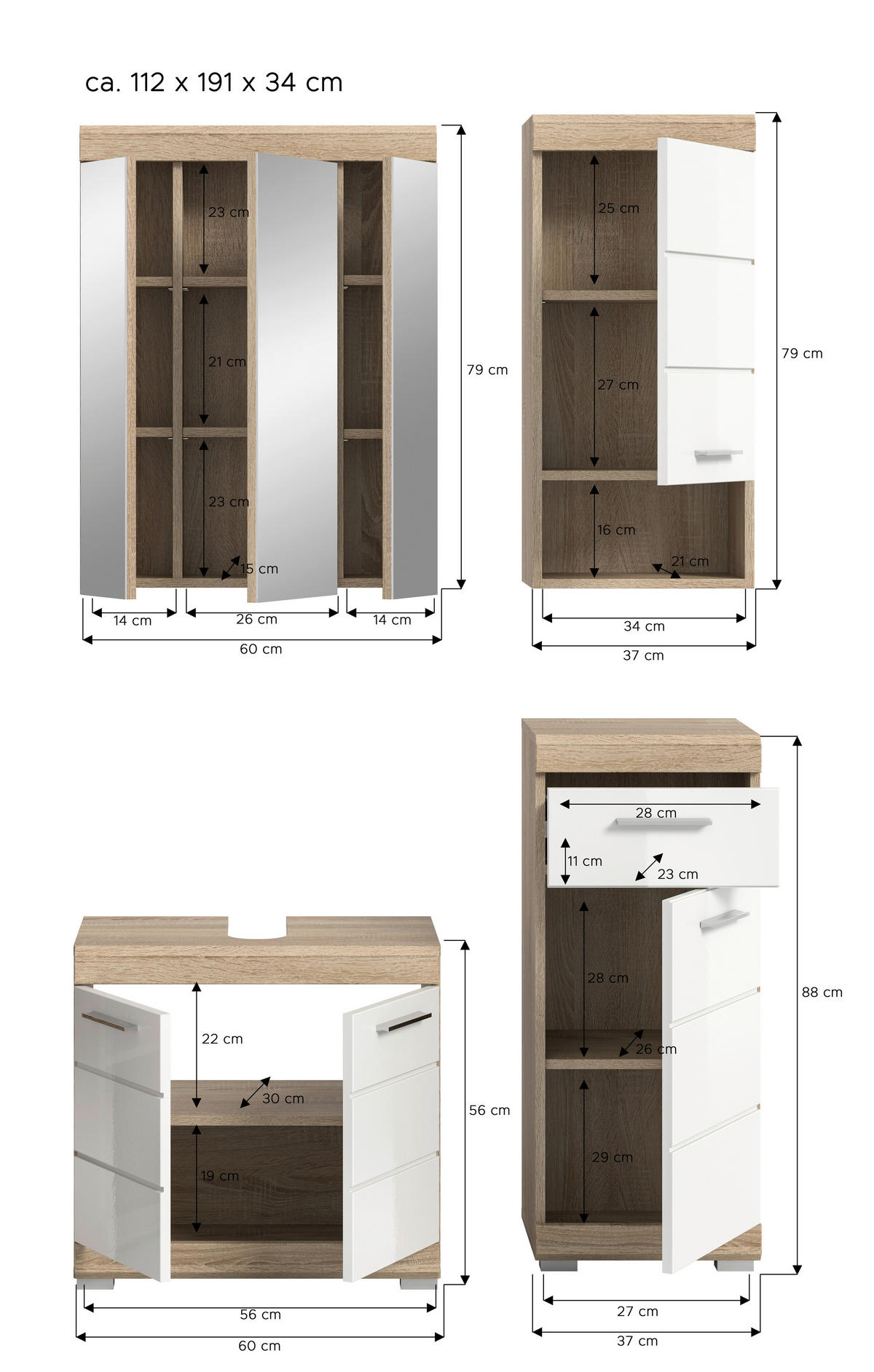 BADEZIMMER 4-teilig  in 97 cm  - Weiss Hochglanz/Silberfarben, Modern, Glas/Holzwerkstoff (97cm) - MID.YOU