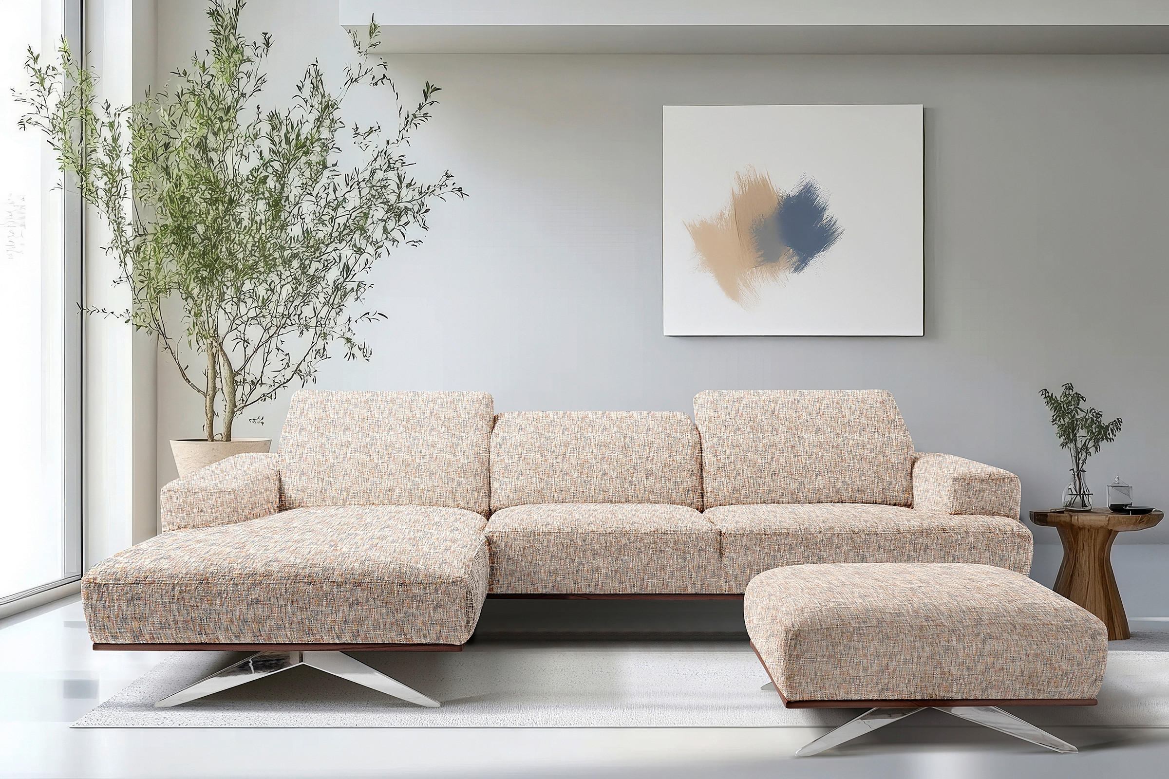 ECKSOFA PORTLAND in Struktur Blau, Gelb, Rot, Weiß Kopfteilverstellung  187/295 cm  - Chromfarben/Blau, Design, Holz/Textil (187/295cm) - Livetastic