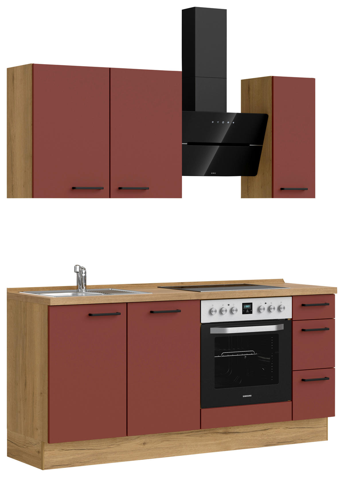 KÜCHENBLOCK Easytouch 180 cm  in Eichefarben, Dunkelrot  - Eichefarben/Schwarz, MODERN, Holzwerkstoff/Metall (180cm) - Nobilia