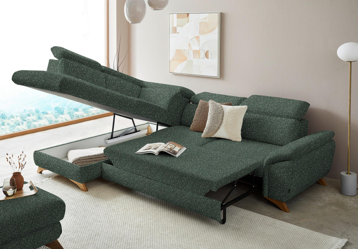 ECKSOFA in Bouclé Grün  - Eichefarben/Grün, Modern, Holz/Textil (212/287cm) - Valnatura