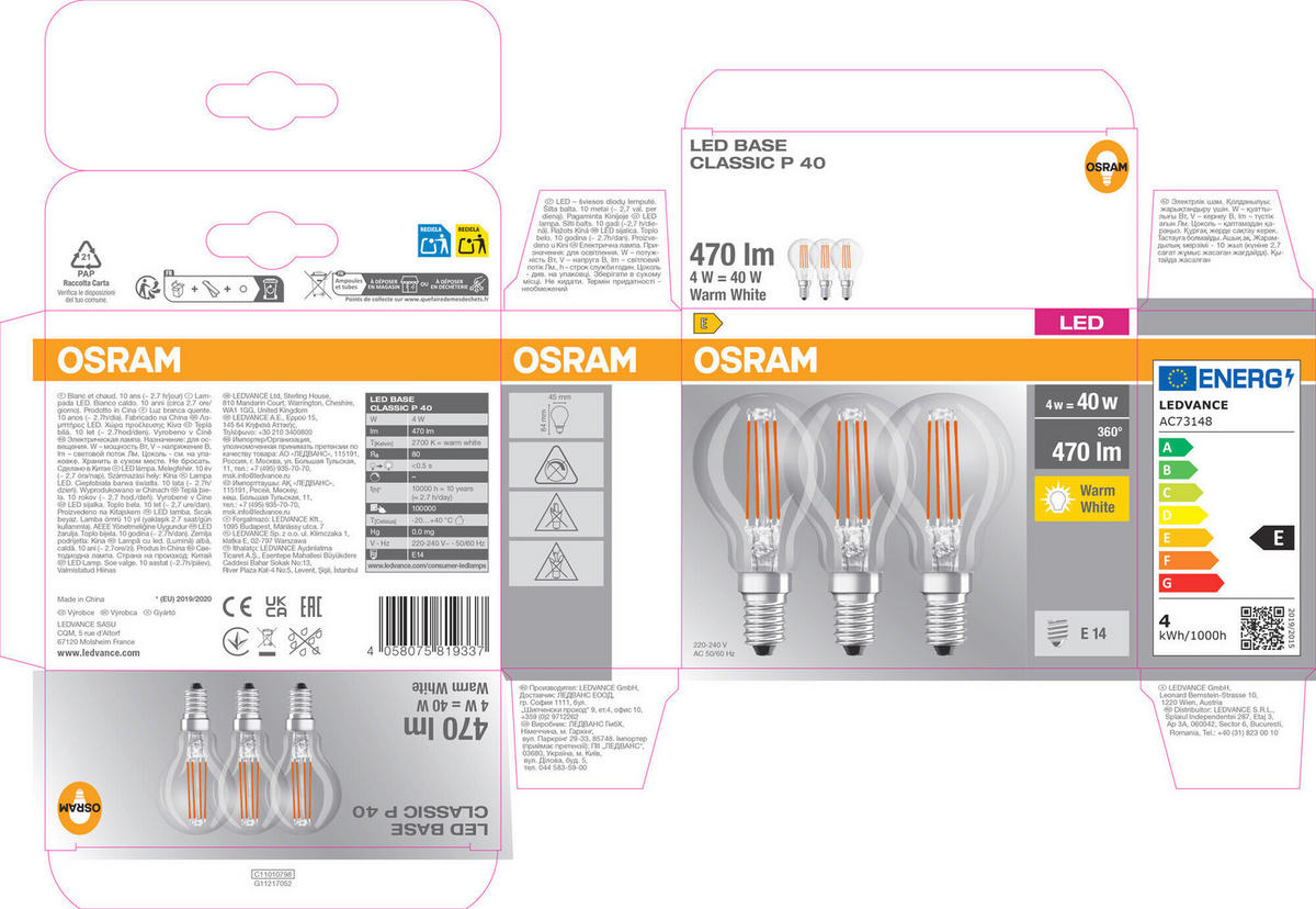 LED-FILAMENT-LEUCHTMITTEL   E14 4 W 470 lm  - Klar, Basics, Glas (4,5/8,4cm) - Osram