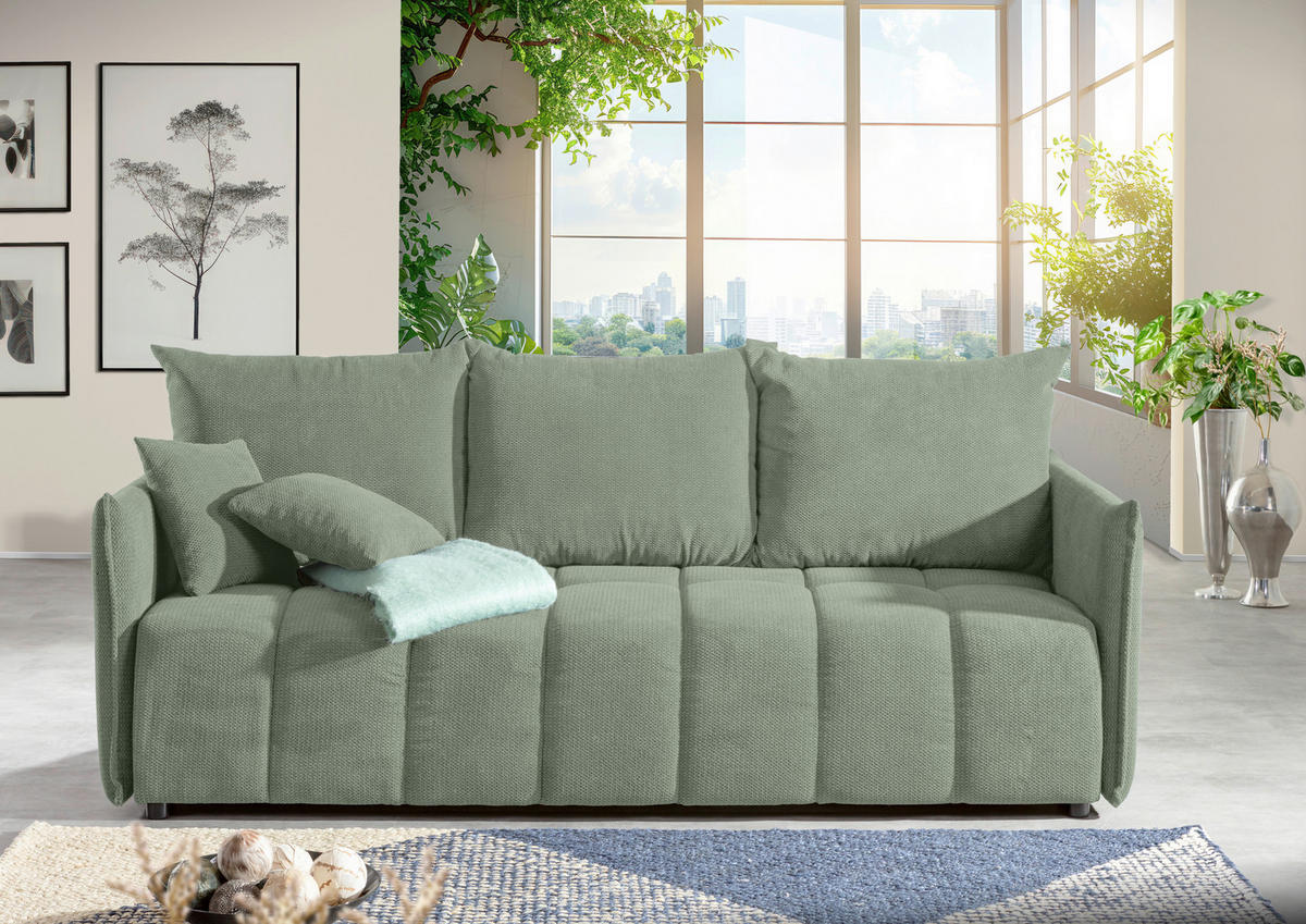 SCHLAFSOFA Plüsch Salbeigrün  inkl. Zierkissen, Rückenkissen, Bettkasten, Schlaffunktion, Rücken echt, Liegefläche im Originalstoff  - Salbeigrün/Schwarz, KONVENTIONELL, Kunststoff/Textil (200/73/105cm) - Carryhome