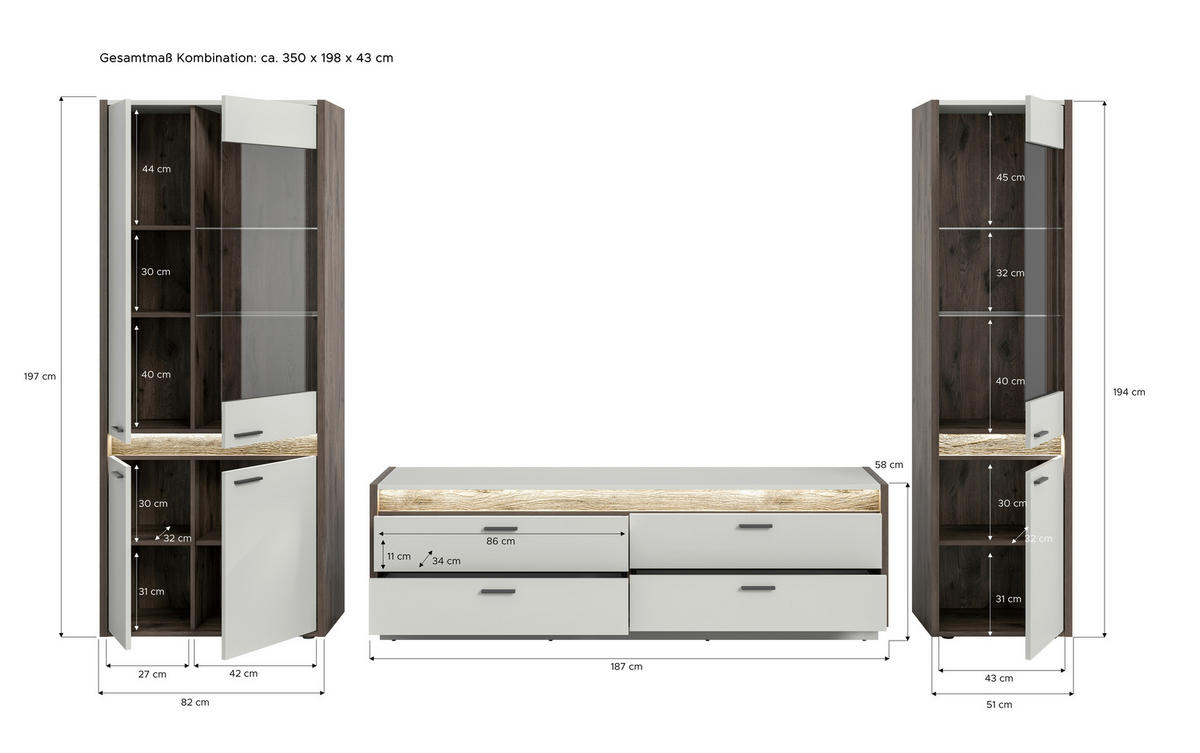 WOHNWAND 3-teilig  in  350/198/43 cm  - Design, Glas/Holzwerkstoff (350/198/43cm) - MID.YOU