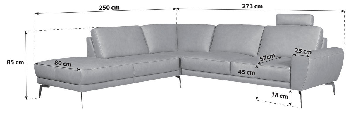 ECKSOFA SPRING Grau, Chromfarben Echtleder  - Chromfarben/Grau, Design, Leder/Metall (250/273cm) - P & B