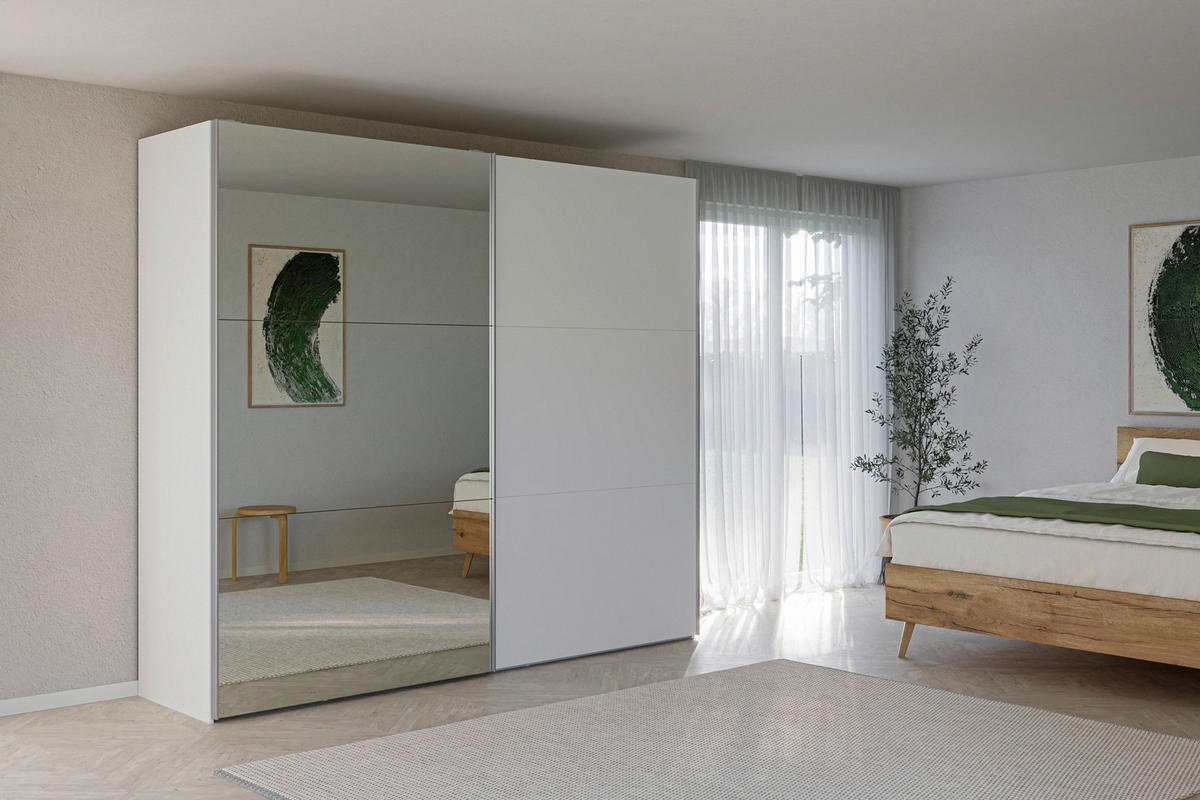 SCHWEBETÜRENSCHRANK 253/220/65 cm 2-türig Weiß  - Silberfarben/Weiß, Design, Glas/Holzwerkstoff (253/220/65cm) - Jutzler