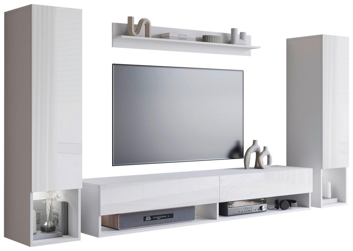 WOHNWAND 4-teilig  in Weiß, Weiß Hochglanz  245/130/32,5 cm  - Weiß Hochglanz/Weiß, Basics, Holzwerkstoff (245/130/32,5cm) - P & B