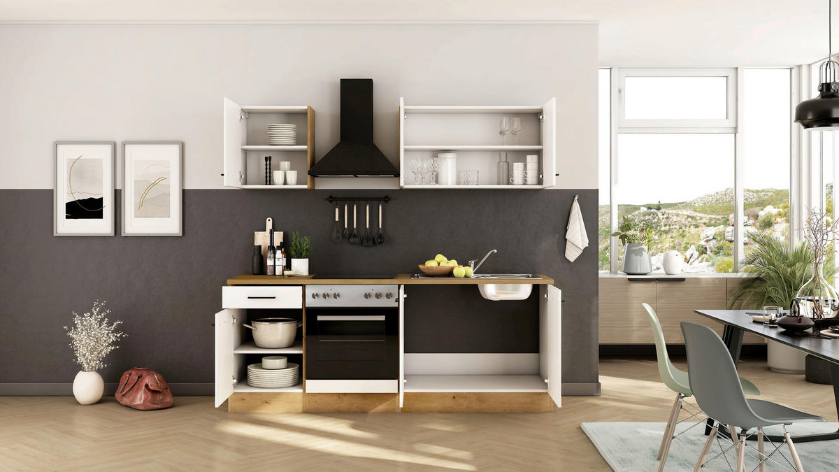 KÜCHENBLOCK 210 cm  in Eichefarben, Magnolie  - Eichefarben/Magnolie, Trend, Holzwerkstoff/Metall (210cm) - FlexWell