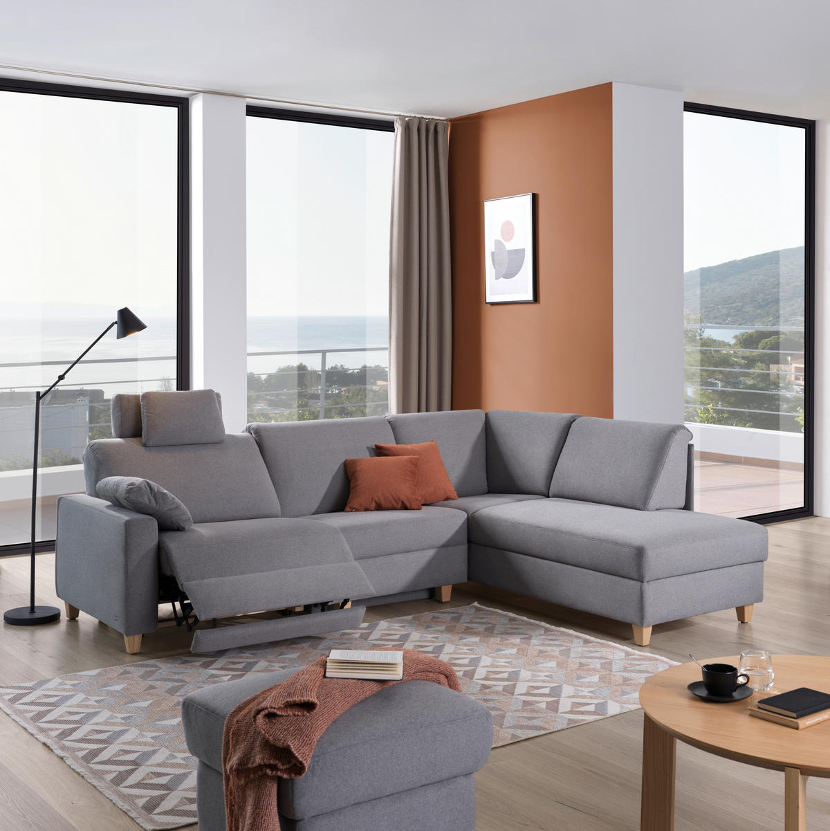 ECKSOFA in Flachgewebe Grau  203/261 cm  - Eichefarben/Grau, KONVENTIONELL, Holz/Textil (203/261cm) - Sedda