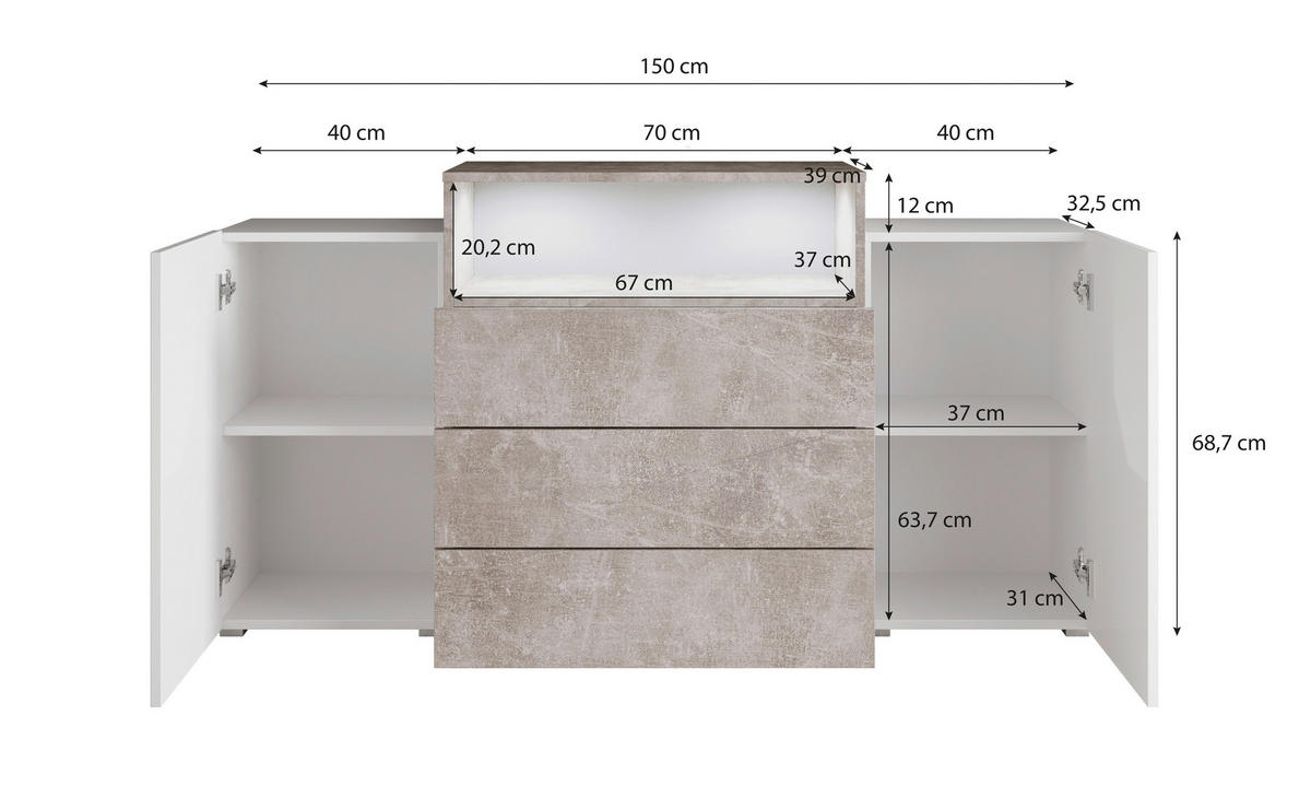 SIDEBOARD 150/68,7/32,5 cm  in Weiss, Weiss Hochglanz  - Weiss Hochglanz/Weiss, Lifestyle, Holzwerkstoff/Kunststoff (150/68,7/32,5cm) - P & B