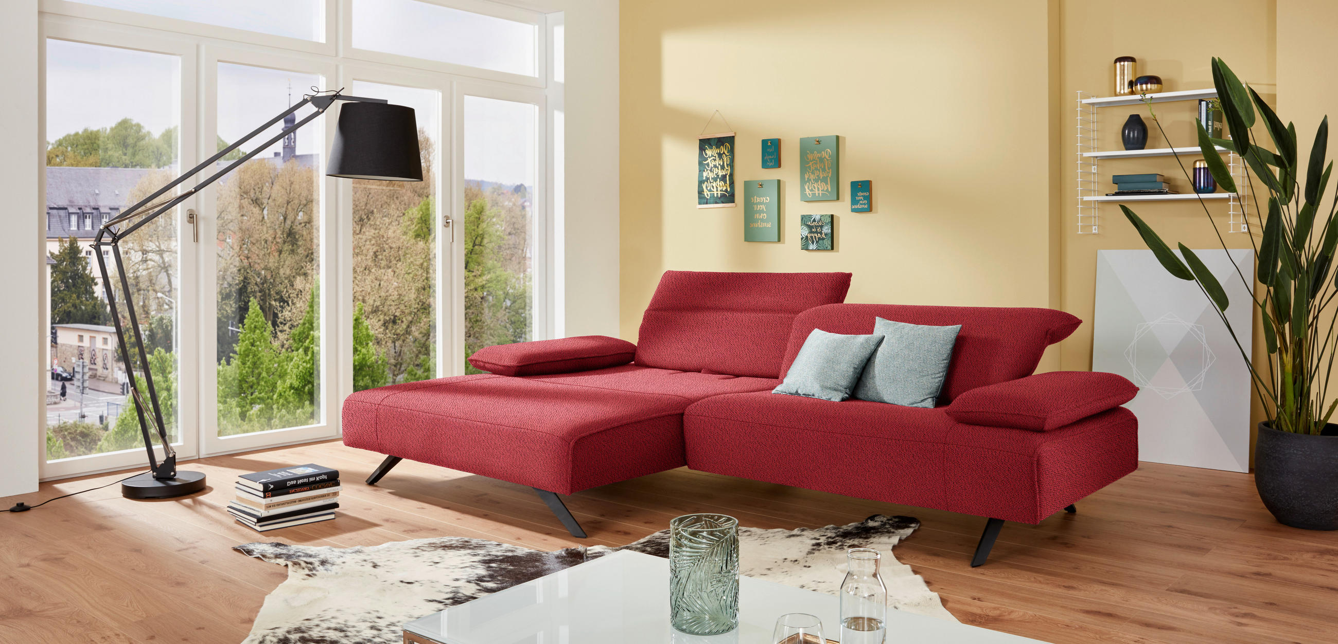 ECKSOFA in Flachgewebe Rot  - Anthrazit/Rot, Design, Textil/Metall (166/280cm) - Johann Jakob