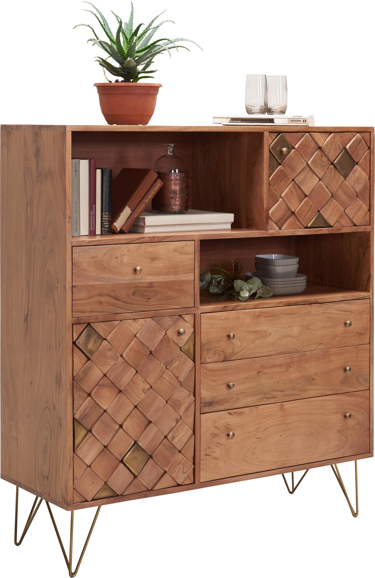 KOMODA, akácia, farba akácie, bronzová, 110/126/40 cm - farba akácie/bronzová, Trend, kov/drevo (110/126/40cm) - Ambia Home