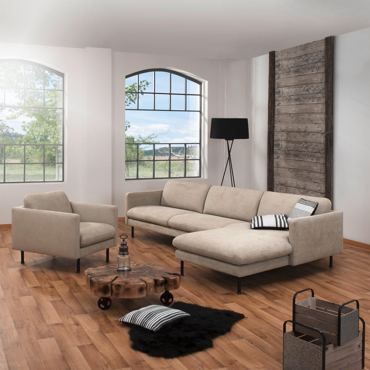 ECKSOFA in Flachgewebe Beige  - Beige/Schwarz, Modern, Textil/Metall (286/78/123cm) - Max Winzer