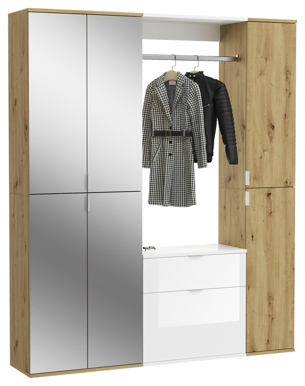 GARDEROBE 3-teilig  in 152/193/34 cm  - Weiß Hochglanz, KONVENTIONELL, Glas/Holzwerkstoff (152/193/34cm) - MID.YOU