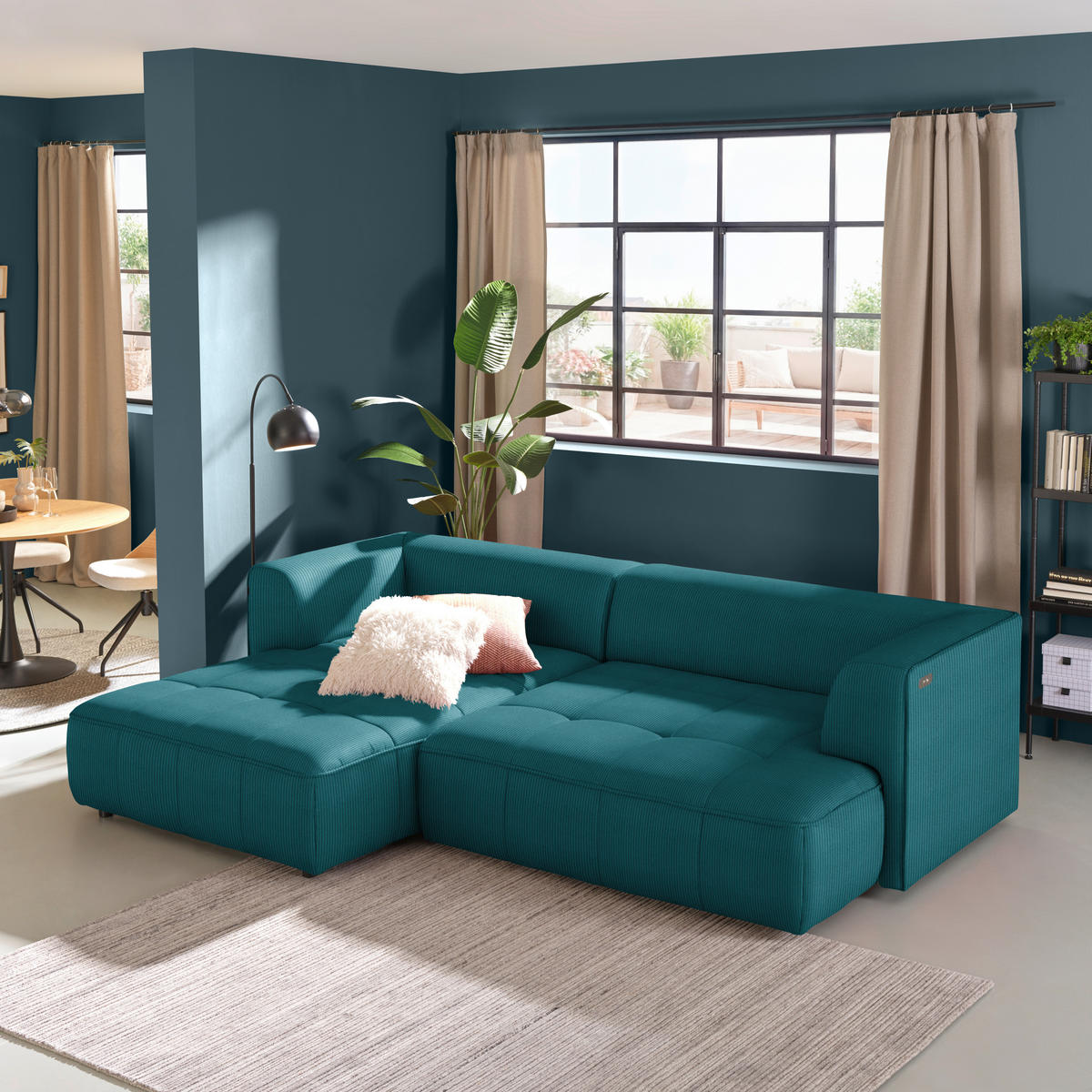 ECKSOFA Feincord Petrol  - Petrol/Schwarz, Design, Kunststoff/Textil (188/288cm) - Welnova