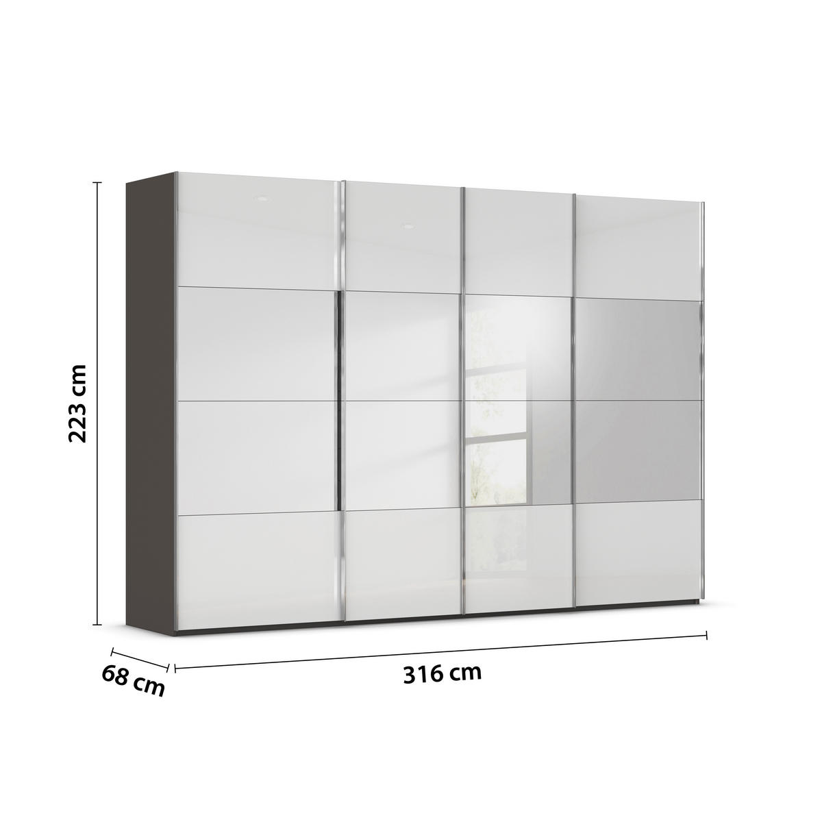 SCHWEBETÜRENSCHRANK 316/223/68 cm 4-türig Graphitfarben, Weiß  - Chromfarben/Graphitfarben, Design, Glas/Holzwerkstoff (316/223/68cm) - Novel