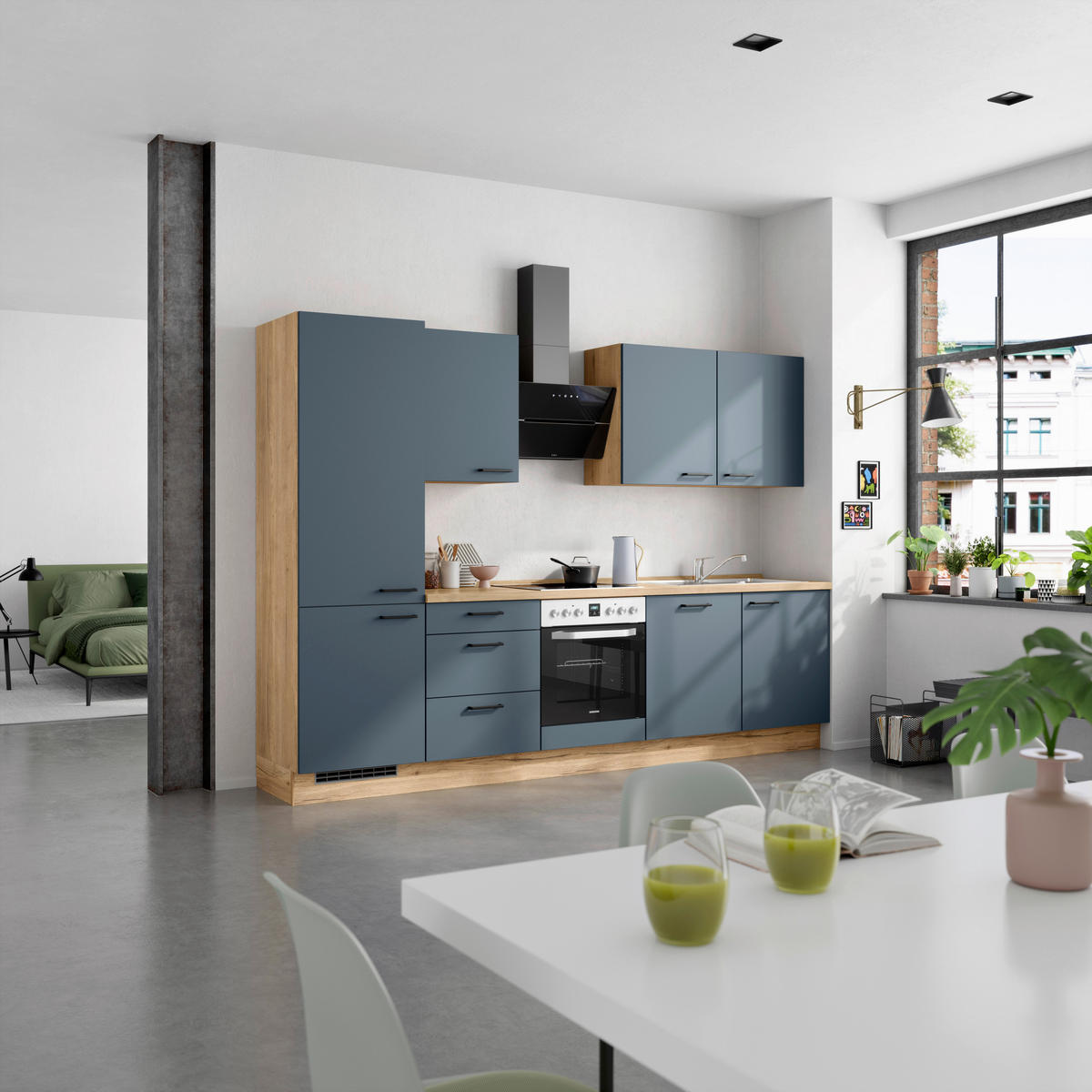 KÜCHENBLOCK Easytouch 300 cm  in Eichefarben, Dunkelblau  - Eichefarben/Schwarz, MODERN, Holzwerkstoff/Metall (300cm) - Nobilia