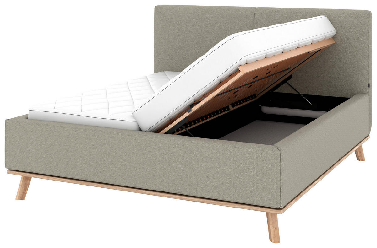 POLSTERBETT 180/200 cm,  in Hellgrau, Matratze, Lattenrost, Bettkasten, unterschiedliche Matratzenhärtegrade je Bettseite, H2 + H3 = mittel + fest  - Eichefarben/Hellgrau, Design, Holz/Textil (180/200cm) - Musterring