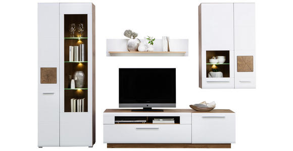 WOHNWAND in Eichefarben, Weiß - Chromfarben/Eichefarben, KONVENTIONELL, Glas/Holzwerkstoff (300/202/46cm) - Hom`in
