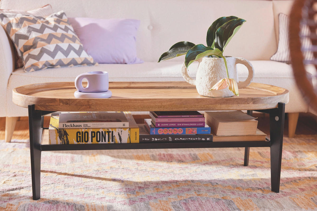 COUCHTISCH Mangoholz massiv 120/50/40 cm oval Naturfarben, Schwarz  - Schwarz/Naturfarben, Design, Holz/Metall (120/50/40cm) - MID.YOU