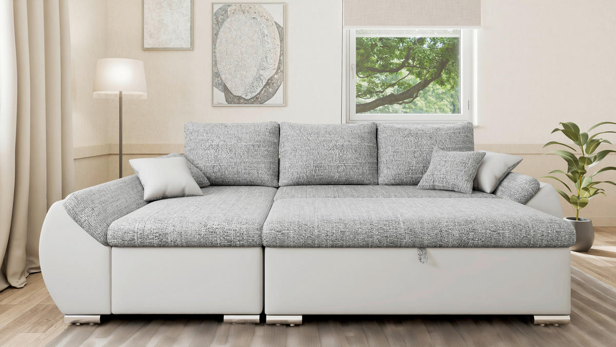 ECKSOFA  AURO Grau, Weiß  - Silberfarben/Weiß, Design, Kunststoff/Textil (275/155cm) - MID.YOU