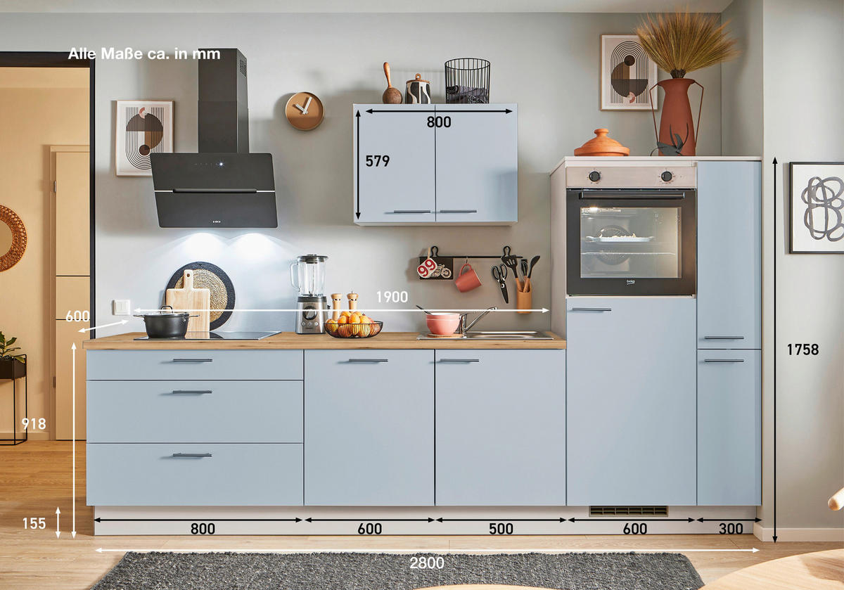 KÜCHENBLOCK PN 105 280 cm  in Eichefarben, Kaschmir, Pastellblau  - Kaschmir/Edelstahlfarben, Design, Holzwerkstoff/Metall (280cm) - Pino