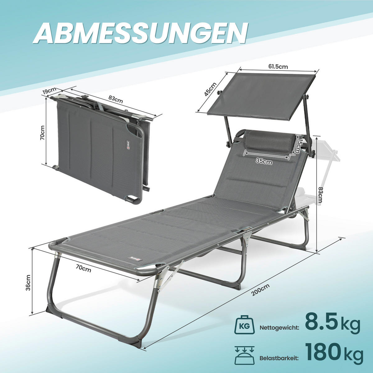 GARTENLIEGE 70/36/200 cm  - Dunkelgrau/Anthrazit, Basics, Textil/Metall (70/36/200cm) - Modante