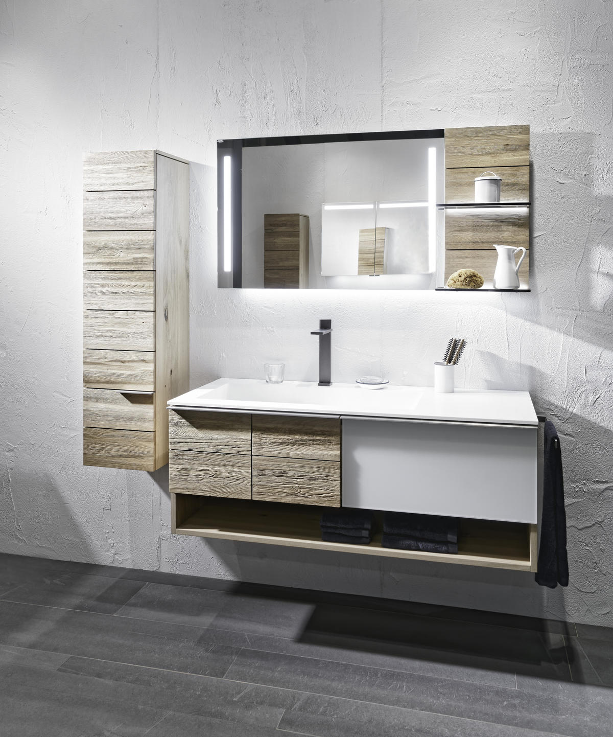 BADEZIMMER  in 128,4 cm  - Weiss/Eichefarben, Modern, Glas/Holz (128,4cm) - Voglauer