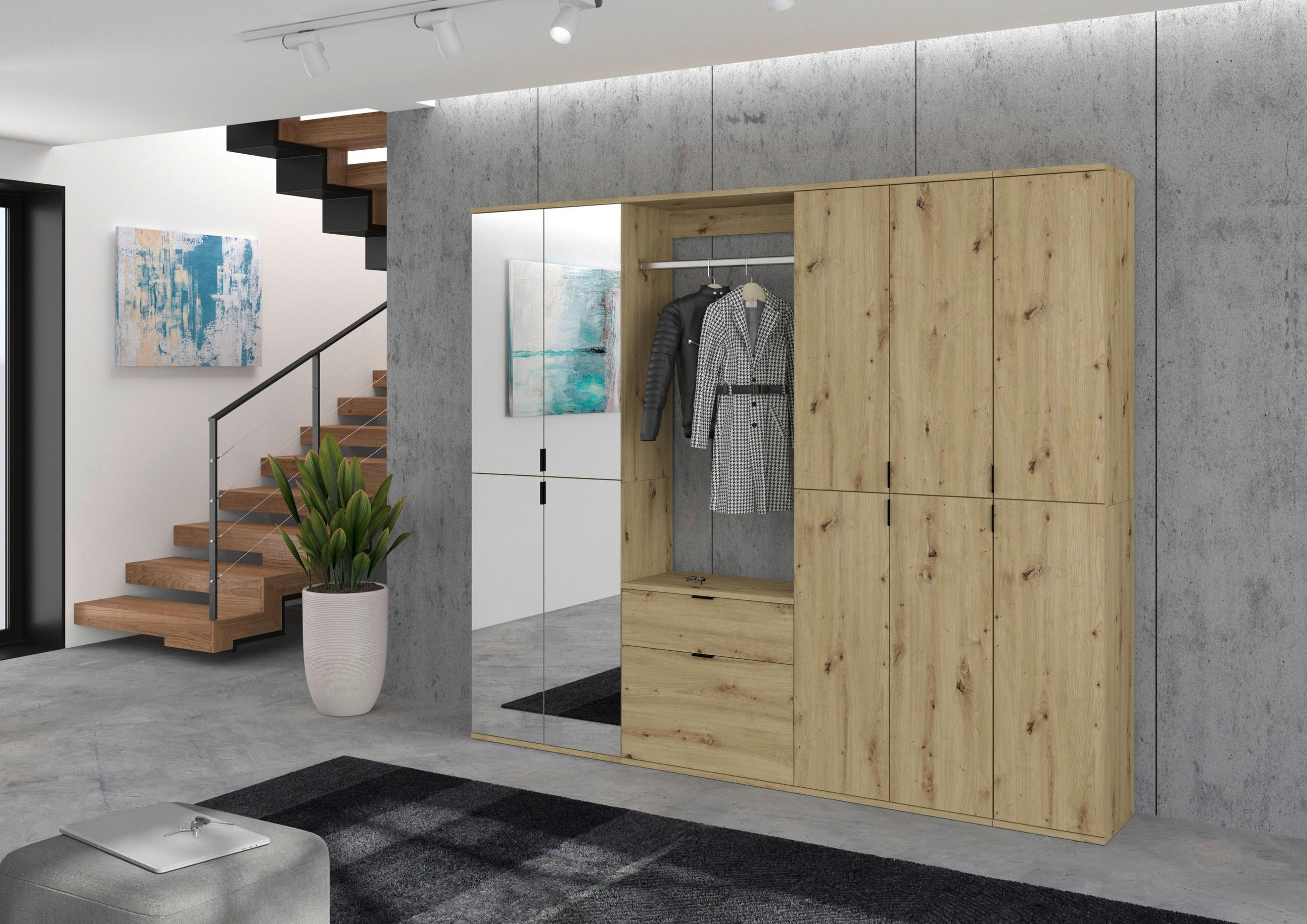 Thumbnail - Mid.you Garderobe, Glas, Holzwerkstoff, 4-teilig, 1 Schublade(n) Schubladen, 213x193x34 cm, FSC Mix, stehend, Garderobe,...