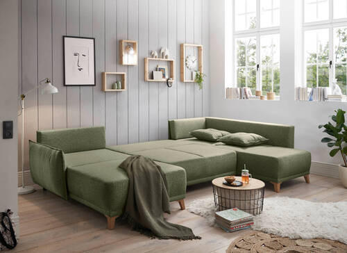 WOHNLANDSCHAFT Grün Mikrovelours  - Eichefarben/Grün, Basics, Kunststoff/Textil (338/91/212cm) - MID.YOU