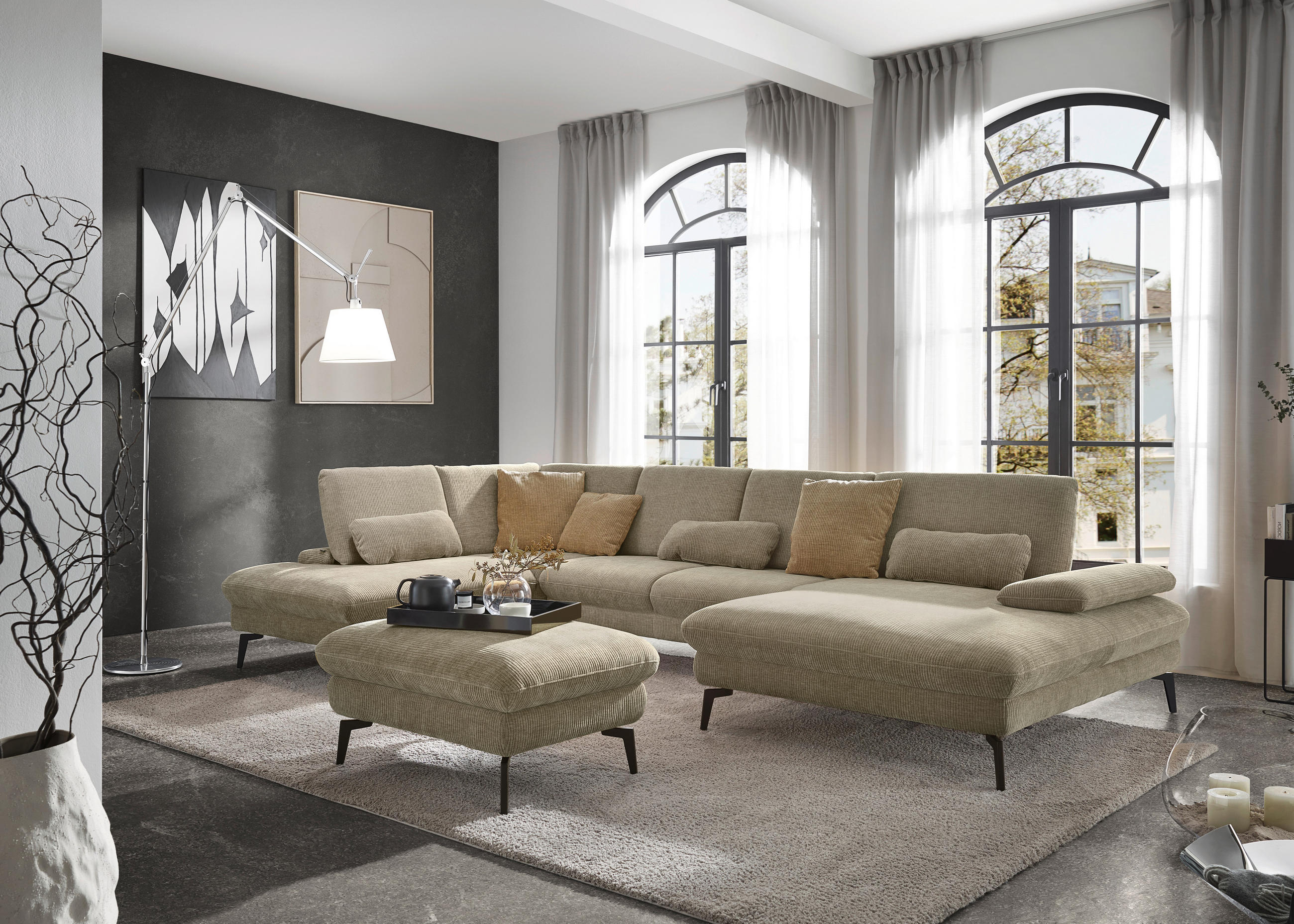 WOHNLANDSCHAFT in Webstoff Beige  - Beige/Schwarz, Design, Textil/Metall (208/354/157cm) - Dieter Knoll