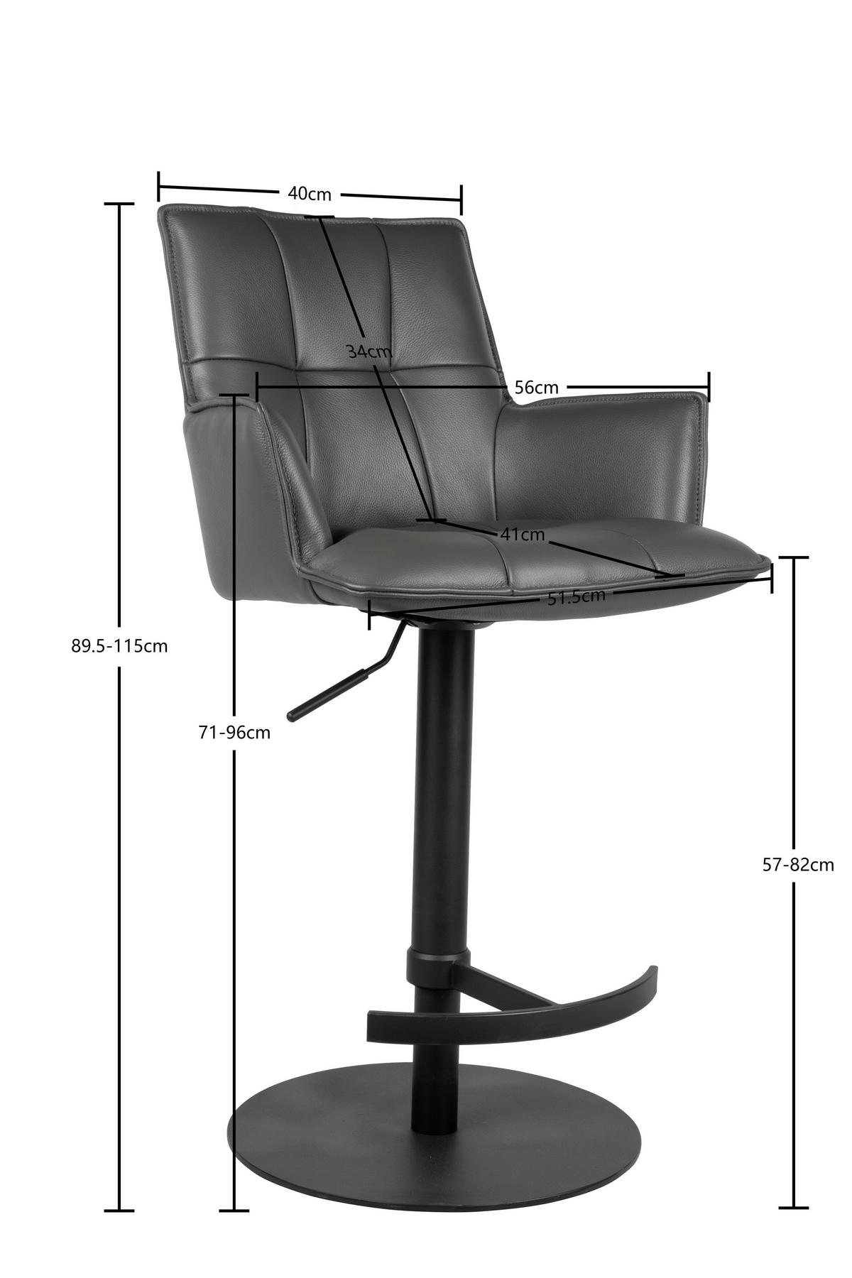 BARHOCKER in Metall, Leder Anthrazit, Schwarz  - Anthrazit/Schwarz, Design, Leder/Metall (56/89,5-115/56cm) - Novel