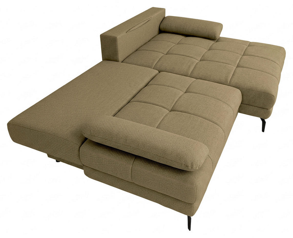 ECKSOFA Olivgrün Struktur Rückenkissen, Bettkasten, Schlaffunktion, Rücken echt, Armteilverstellung, Liegefläche im Originalstoff  - Beige/Schwarz, MODERN, Textil/Metall (263/181cm) - Carryhome