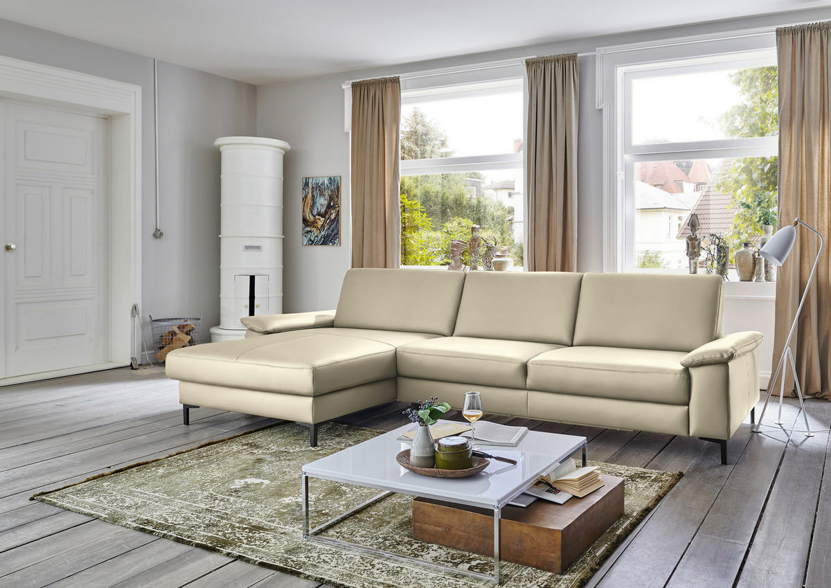 ECKSOFA in Echtleder Creme, Naturfarben  - Creme/Schwarz, Design, Leder/Metall (176/334cm) - Dieter Knoll