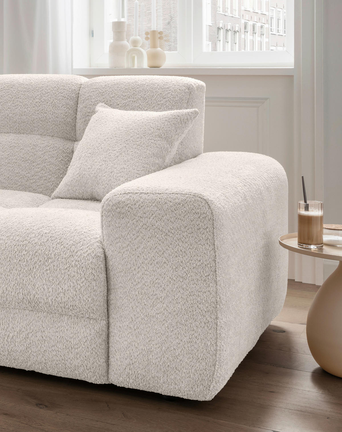 ECKSOFA in Bouclé Weiss  - Weiss/Schwarz, Modern, Kunststoff/Textil (152/301cm) - Livetastic