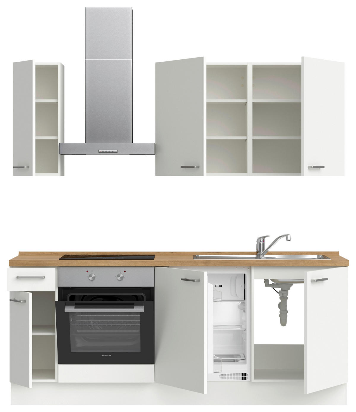 KÜCHENBLOCK 210 cm   in Weiß, Eichefarben  - Edelstahlfarben/Eichefarben, MODERN, Holzwerkstoff/Metall (210cm) - Nobilia