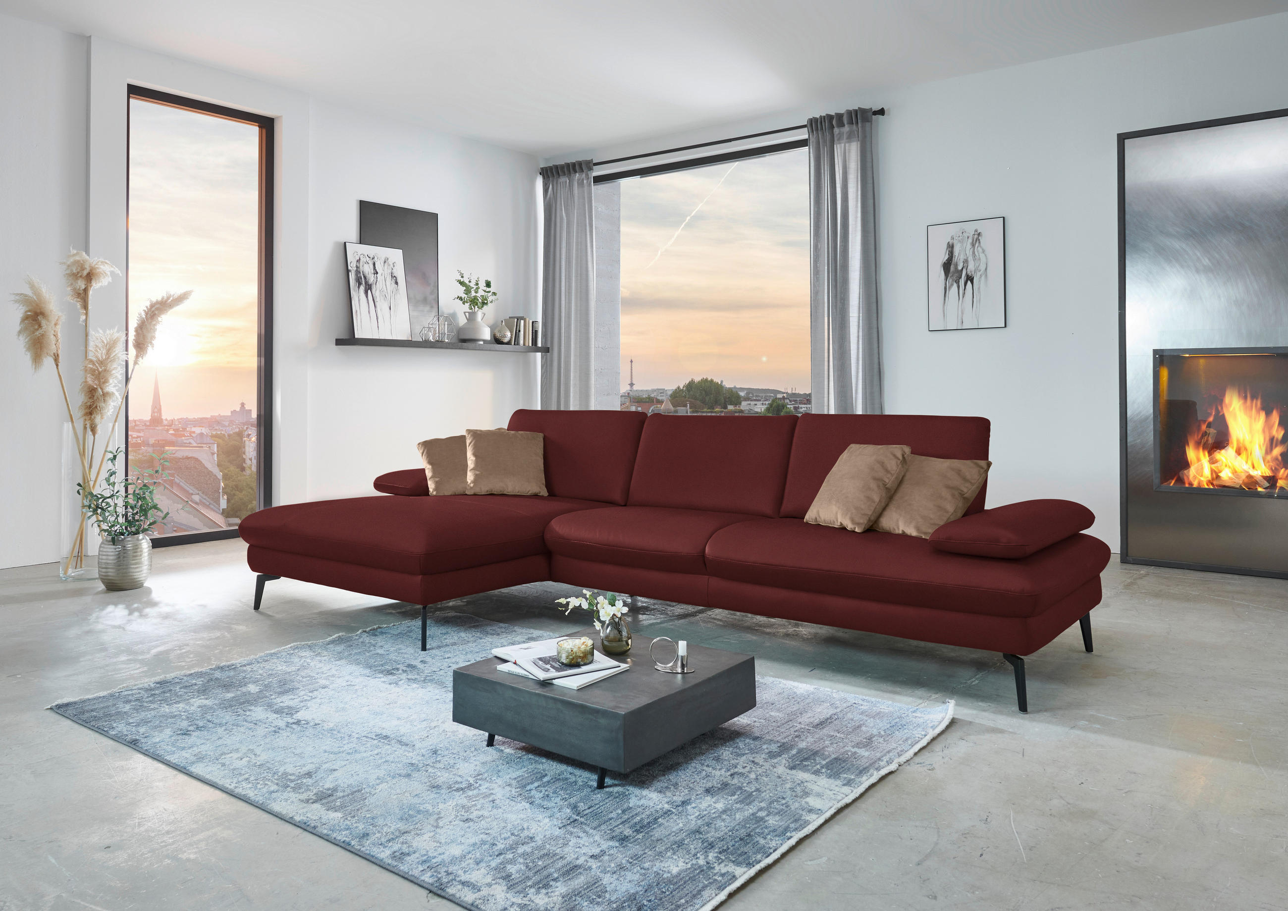 ECKSOFA in Echtleder Rot  - Rot/Schwarz, Design, Leder/Metall (157/325cm) - Dieter Knoll