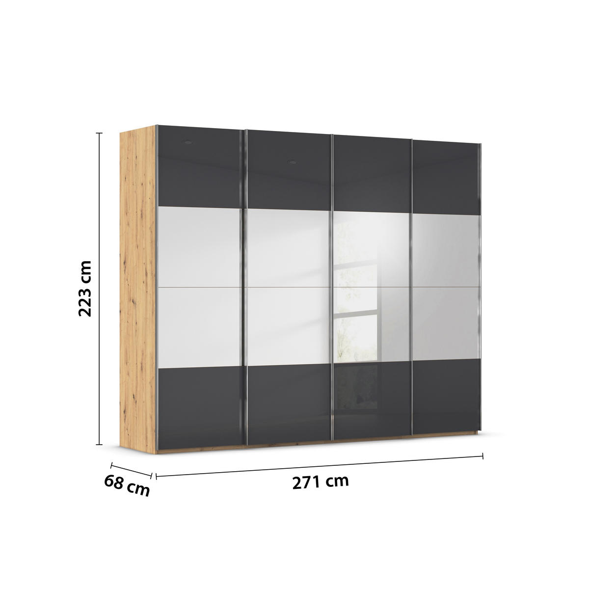 SCHWEBETÜRENSCHRANK 271/223/68 cm 4-türig Schwarz, Eiche Artisan  - Chromfarben/Schwarz, Design, Glas/Holzwerkstoff (271/223/68cm) - Novel