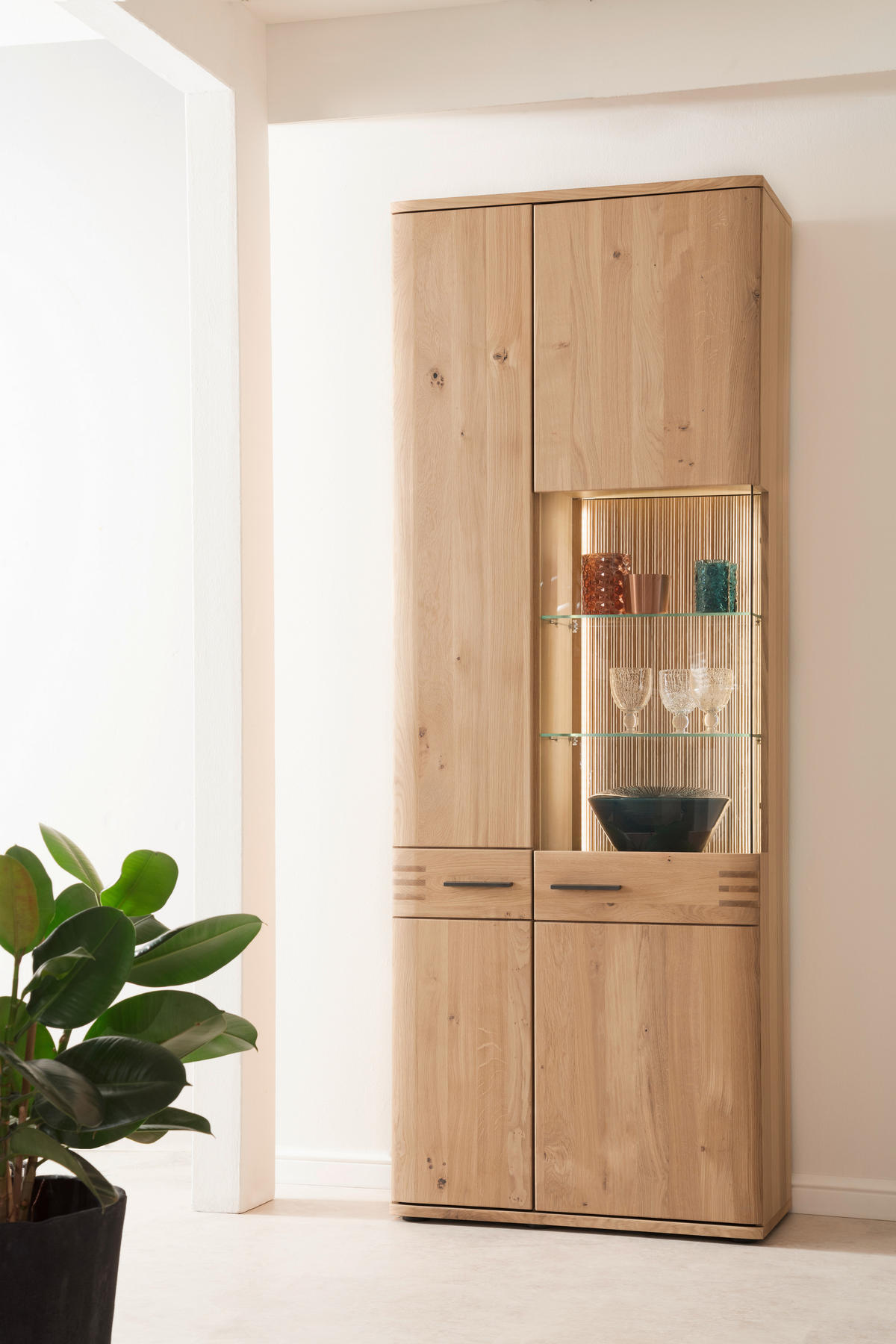 VITRINE  in furniert, massiv Balkeneiche Eichefarben - Eichefarben/Anthrazit, Design, Glas/Holz (75/208/37cm) - Livetastic