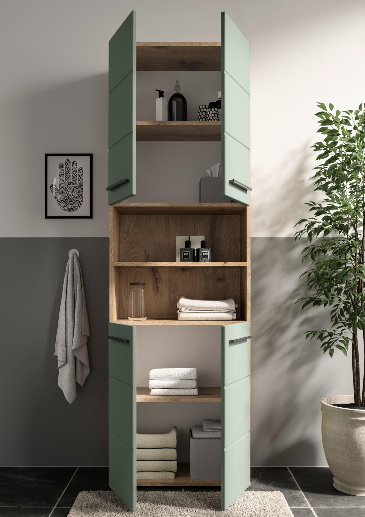 HOCHSCHRANK 60/190/31 cm  - Schilfgrün/Eichefarben, Basics, Holzwerkstoff/Kunststoff (60/190/31cm) - MID.YOU